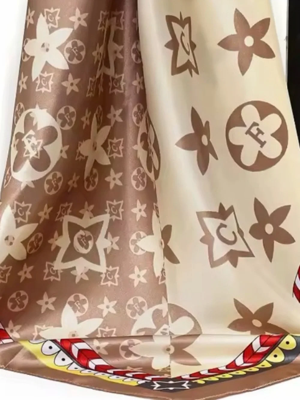 Silky Beige and Light Brown Patterned Women's Silk Scarf Wrap